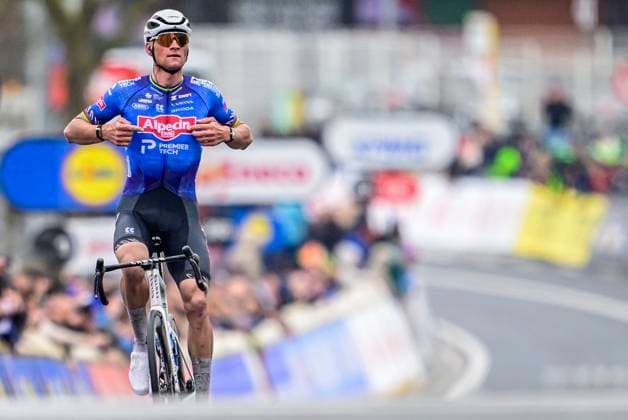 Omloop Het Nieuwsblad 2026 Cycling Race NINOVE, BELGIUM - FEBRUARY 28 : Van Der Poel Mathieu (NED) of Alpecin-Premier Tech celebrating his victory during the 81st edition of Omloop Het Nieuwsblad an UCI World Tour 1.UWT one day cycling road race for Men Elite of 207 km with start in Ghent and finish in Ninove on February 28, 2026 in Ninove, Belgium, 28 02 2026 ( Motordriver Kenny Verfaillie - Ninove Belgium  Copyright: xPeterxDexVoechtx
