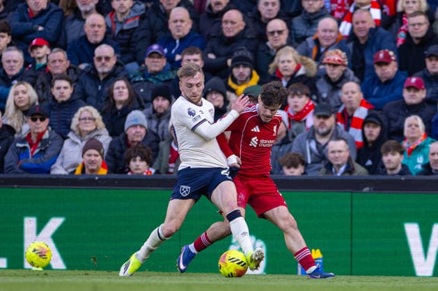 Football - FA Premier League - Liverpool FC v West Ham United FC LIVERPOOL, ENGLAND - Saturday, February 28, 2026: Liverpool s Milos Kerkez Milos Kerkez (R) pulls the shirt of West Ham United s captain Jarrod Bowen during the FA Premier League match between Liverpool FC and West Ham United FC at Anfield. (Photo by David Rawcliffe Propaganda) LIVERPOOL Anfield MERSEYSIDE ENGLAND  Copyright: xDavidxRawcliffex P2026-02-28-Liverpool_West_Ham-45