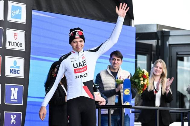 Belgium s Florian Vermeersch of UAE Team Emirates-XRG pictured on the podium after the 81st edition of the men s one-day cycling race Omloop Het Nieuwsblad (UCI World Tour), the opening race of the Flemish one-day classics season, 207,6 km from Gent to Ninove, Saturday 28 February 2026. MAARTENxSTRAETEMANS  x165960483x