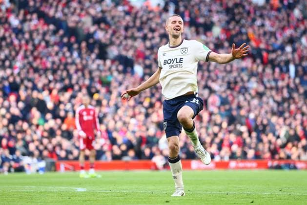 Tomas Soucek of West Ham United celebrates scoring to make it 3-1 Liverpool v West Ham United, Premier League, Football, Anfield, Liverpool, UK - 28 Feb 2026Liverpool Anfield United Kingdom EDITORIAL USE ONLY No use with unauthorised audio, video, data, fixture lists, club league logos or live services. Online in-match use limited to 120 images, no video emulation. No use in betting, games or single club league player publications. Copyright: xPaulxCurrie Shutterstockx 16708425da