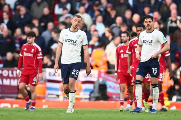 Tomas Soucek of West Ham United and Konstantinos Mavropanos look dejected after the 4th goal Liverpool v West Ham United, Premier League, Football, Anfield, Liverpool, UK - 28 Feb 2026Liverpool Anfield United Kingdom EDITORIAL USE ONLY No use with unauthorised audio, video, data, fixture lists, club league logos or live services. Online in-match use limited to 120 images, no video emulation. No use in betting, games or single club league player publications. Copyright: xPaulxCurrie Shutterstockx 16708425dt