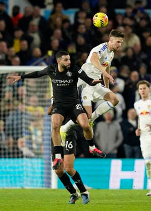 Leeds, England, 28th February 2026. Rayan Alt-Nouri of Manchester City and Anton Stach of Leeds United during the Leeds United vs Manchester City Premier League match at Elland Road, Leeds. Picture credit should read: Andrew Yates Sportimage EDITORIAL USE ONLY. No use with unauthorised audio, video, data, fixture lists, club league logos or live services. Online in-match use limited to 120 images, no video emulation. No use in betting, games or single club league player publications. SPI_055_AY_Leeds_Man_City SPI-4565-0056