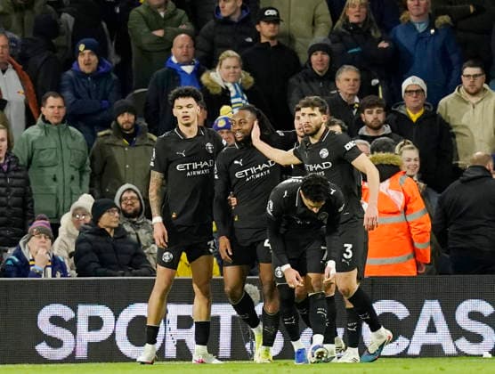 Leeds, England, 28th February 2026. Antoine Semenyo of Manchester City (2l) celebrates scoring the first goal during the Leeds United vs Manchester City Premier League match at Elland Road, Leeds. Picture credit should read: Andrew Yates Sportimage EDITORIAL USE ONLY. No use with unauthorised audio, video, data, fixture lists, club league logos or live services. Online in-match use limited to 120 images, no video emulation. No use in betting, games or single club league player publications. SPI_060_AY_Leeds_Man_City SPI-4565-0060
