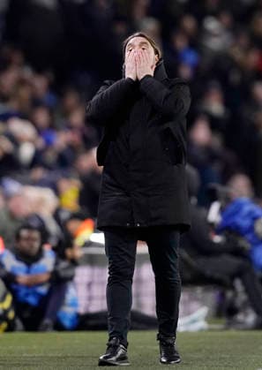 Leeds, England, 28th February 2026. Daniel Farke manager of Leeds United rects to a missed chance during the Leeds United vs Manchester City Premier League match at Elland Road, Leeds. Picture credit should read: Andrew Yates Sportimage EDITORIAL USE ONLY. No use with unauthorised audio, video, data, fixture lists, club league logos or live services. Online in-match use limited to 120 images, no video emulation. No use in betting, games or single club league player publications. SPI_083_AY_Leeds_Man_City SPI-4565-0083