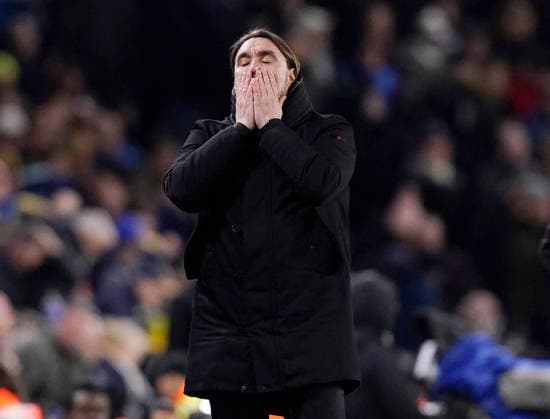 Leeds, England, 28th February 2026. Daniel Farke manager of Leeds United rects to a missed chance during the Leeds United vs Manchester City Premier League match at Elland Road, Leeds. Picture credit should read: Andrew Yates Sportimage EDITORIAL USE ONLY. No use with unauthorised audio, video, data, fixture lists, club league logos or live services. Online in-match use limited to 120 images, no video emulation. No use in betting, games or single club league player publications. SPI_084_AY_Leeds_Man_City SPI-4565-0084