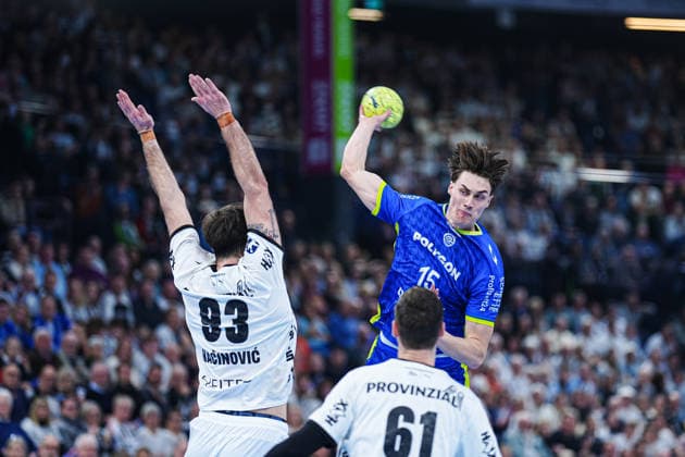 Throw Goal Miro Schluroff VfL Gummersbach, 15 GER, THW Kiel vs VfL Gummersbach, Handball, 1 Bundesliga, Matchday 23, Season 2025 2026, 28 02 2026 GER, THW Kiel vs VfL Gummersbach, Handball, 1 Bundesliga, Matchday 23, Season 2025 2026, 28 02 2026 Kiel Copyright: xEibner-Pressefoto MarcelxvonxFehrnx EP_MFN