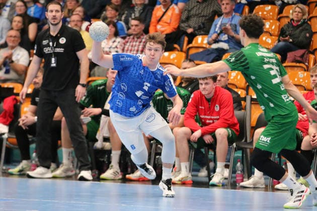 28 02 2026 Handball Men 2025 2026 2 Handball Bundesliga 22 Matchday Dessau Roßlauer HV 06 Eulen Ludwigshafen Anhalt Arena Dessau Fritz Leon Haake Dessau, 6, blue in attack Dessau Roßlau Sachsen Anhalt Germany