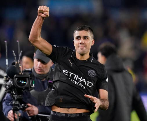 Leeds, England, 28th February 2026. Rodri of Manchester Citycelebrates during the Leeds United vs Manchester City Premier League match at Elland Road, Leeds. Picture credit should read: Andrew Yates Sportimage EDITORIAL USE ONLY. No use with unauthorised audio, video, data, fixture lists, club league logos or live services. Online in-match use limited to 120 images, no video emulation. No use in betting, games or single club league player publications. SPI_103_AY_Leeds_Man_City SPI-4565-0103