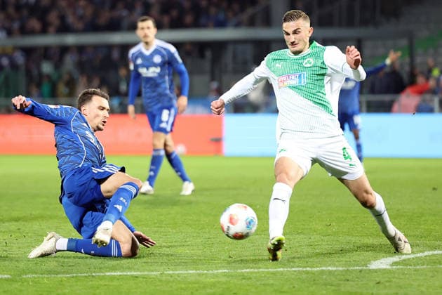 28 02 2026, xrekx, Soccer 2 Bundesliga, SpVgg Greuther Fuerth FC Schalke 04 v l Foul Dejan Ljubicic FC Schalke 04 Philipp Ziereis SpVgg Greuther Fuerth Yellow Card DFL DFB REGULATIONS PROHIBIT ANY USE OF PHOTOGRAPHS as IMAGE SEQUENCES and or QUASI VIDEO Fuerth