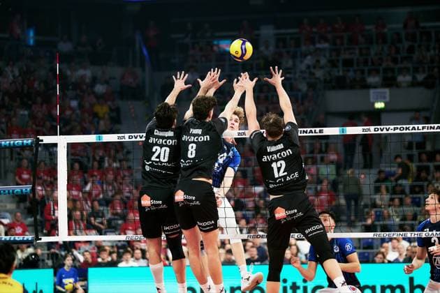 Match scene with Parker James Van Buren 14 VfB Friedrichshafen and Daniel Gruvaeus 2 SVG Lüneburg Zoi DVV Mens Cup Final 2026 Copyright: xspeedshotx