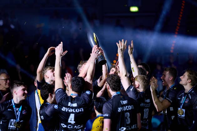 SVG Lueneburg celebrates and dances with the trophy GER, Award ceremony, Volleyball, Zoi DVV Cup Final Mens and Womens 2026, 28 02 2026 GER, Award ceremony, Volleyball, Zoi DVV Cup Final Mens and Womens 2026, 28 02 2026 Mannheim Copyright: xEibner-Pressefoto GeraldxOelze-dexStoppanyx EP_ODS