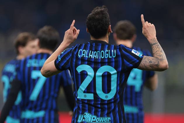 Milan, Italy, 28th February 2026. Hakan Calhanoglu of FC Internazionale celebrates after scoring a second half penalty to give the side a 2-0 lead during the Internazionale vs Genoa Serie A match at Giuseppe Meazza, Milan. Picture credit should read: Jonathan Moscrop Sportimage EDITORIAL USE ONLY. No use with unauthorised audio, video, data, fixture lists, club league logos or live services. Online in-match use limited to 120 images, no video emulation. No use in betting, games or single club league player publications. SPI_038_INTER_GENOA_ SPI-4553-0038