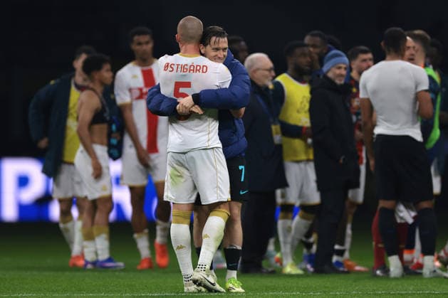 Milan, Italy, 28th February 2026. Piotr Zielinski of FC Internazionale embraces former team mate at SSC Napoli, Leo Ostigard of Genoa CFC following the final whistle of the Internazionale vs Genoa Serie A match at Giuseppe Meazza, Milan. Picture credit should read: Jonathan Moscrop Sportimage EDITORIAL USE ONLY. No use with unauthorised audio, video, data, fixture lists, club league logos or live services. Online in-match use limited to 120 images, no video emulation. No use in betting, games or single club league player publications. SPI_048_INTER_GENOA_ SPI-4553-0048