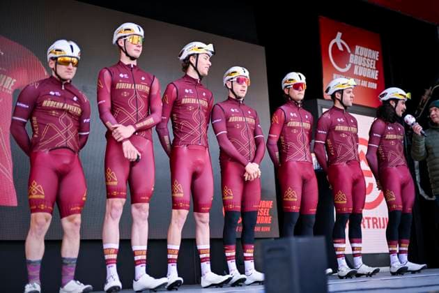 Kuurne Brussel Kuurne 2026 Cycling Race KUURNE, BELGIUM - MARCH 01 : Team Modern Adventure on stage before the start of the race during the 78th edition of Kuurne Brussel Kuurne an UCI ProSeries 1.Pro one day cycling road race for Men Elite of 194 km with start in Kortrijk and finish in Kuurne on March 1, 2026 in Kuurne, Belgium, 01 03 2026 ( Motordriver Kenny Verfaillie - Kuurne Belgium  Copyright: xNicoxVereeckenx