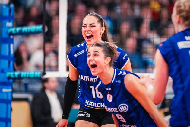 DVV Cup VfB Suhl Lotto Thüringen Allianz MTV Stuttgart 28 02 2026 Mikala Mogensen 16, Allianz MTV Stuttgart cheers Volleyball, Zoi DVV Cup Final VfB Suhl LOTTO Thüringen vs Allianz MTV Stuttgart on 28 02 2026 at the SAP Arena, Mannheim Copyright: xBEAUTIFULxSPORTS Tonhäuserx
