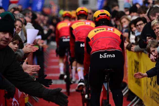 Uno-X Mobility riders pictured during the team presentation at the start of the 78th edition of the men elite race of the Kuurne-Brussels-Kuurne one day cycling race, 195 km from Kuurne to Kuurne via Brussels, Sunday 01 March 2026. DIRKxWAEM  x166067298x