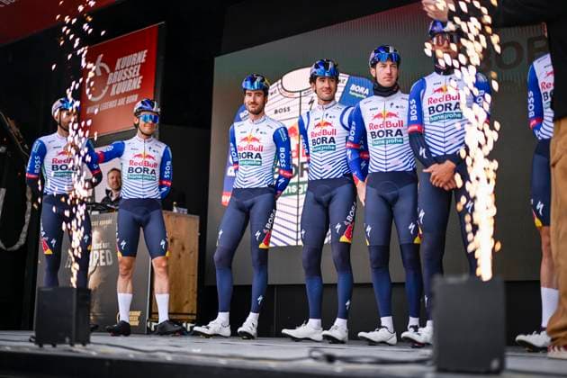 Kuurne Brussel Kuurne 2026 Cycling Race KUURNE, BELGIUM - MARCH 01 : Team Red Bull - BORA - Hansgrohe on stage before the start of the race during the 78th edition of Kuurne Brussel Kuurne an UCI ProSeries 1.Pro one day cycling road race for Men Elite of 194 km with start in Kortrijk and finish in Kuurne on March 1, 2026 in Kuurne, Belgium, 01 03 2026 ( Motordriver Kenny Verfaillie - Kuurne Belgium  Copyright: xNicoxVereeckenx