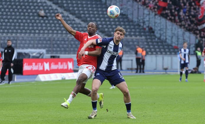 Mohamed Ali Zoma, Marton Dardai duel Match scene Action Sport Soccer Football DFL 2 Bundesliga Men 24 Matchday Season 2025 2026 01 03 2026 Hertha BSC Berlin vs 1 FC Nürnberg FCN DFL regulations prohibit any use of photographs as image sequences and or quasi video