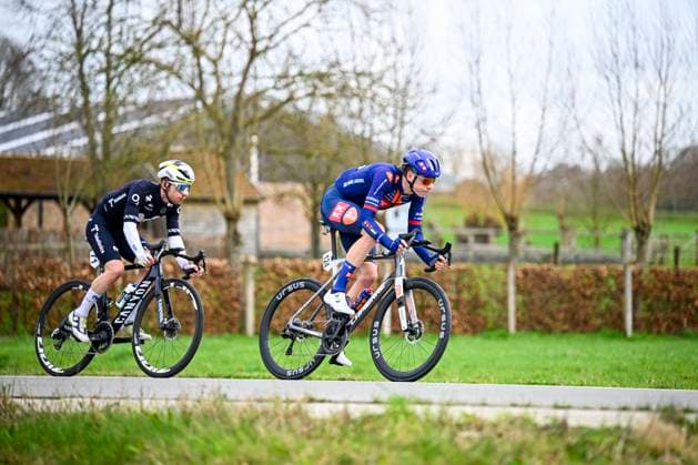 Kuurne Brussel Kuurne 2026 Cycling Race KUURNE, BELGIUM - MARCH 01 : Biesterbos Frits (NED) of Team Picnic PostNL in the escape pack, Adria Roger (ESP) of Movistar Team during the 78th edition of Kuurne Brussel Kuurne an UCI ProSeries 1.Pro one day cycling road race for Men Elite of 194km with start in Kortrijk and finish in Kuurne on March 1, 2026 in Kuurne, Belgium, 01 03 2026 ( Motordriver Kenny Verfaillie - Kuurne Belgium  Copyright: xTomasxSiskx
