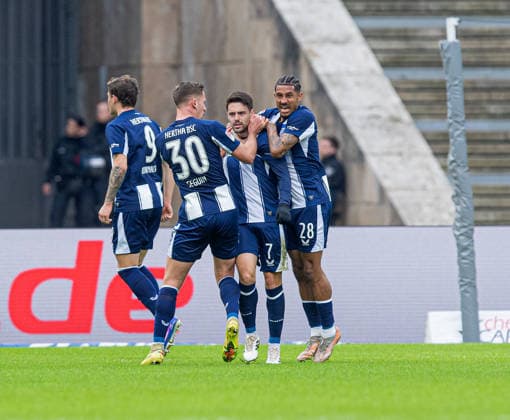 Soccer, Men, Season 2025 2026, 2 Bundesliga 24 Matchday , Hertha BSC 1 FC Nürnberg, f l Dawid Kownacki Hertha BSC , Paul Seguin Hertha BSC , Josip Brekalo Hertha BSC , Jeremy Dudziak Hertha BSC , Cheering after goal to 1 0, 01 03 2026, Copyright: xSebastianxRäppold MatthiasxKochx