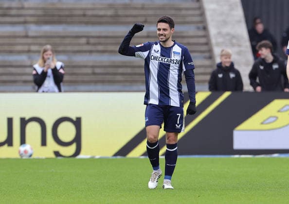Josip Brekalo cheers after 1 0 joy emotion jubilation sport soccer soccer DFL 2 Bundesliga men 24 matchday season 2025 2026 01 03 2026 Hertha BSC Berlin vs 1 FC Nürnberg FCN DFL regulations prohibit any use of photographs as image sequences and or quasi video