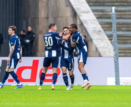 Soccer, Men, Season 2025 2026, 2 Bundesliga 24 Matchday , Hertha BSC 1 FC Nürnberg, f l Dawid Kownacki Hertha BSC , Paul Seguin Hertha BSC , Josip Brekalo Hertha BSC , Jeremy Dudziak Hertha BSC , Cheering after goal to 1 0, 01 03 2026, Copyright: xSebastianxRäppold MatthiasxKochx