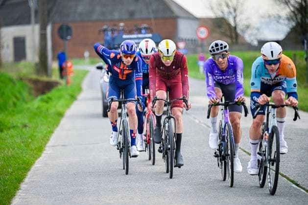 Kuurne Brussel Kuurne 2026 Cycling Race KUURNE, BELGIUM - MARCH 01 : Jacobs Johan (SUI) of Groupama - FDJ United, Kessler Cole (USA) of Modern Adventure Pro Cycling, De Bondt Dries (BEL) of Team Jayco AlUla, Louvel Matis (FRA) of NSN Cycling Team and Biesterbos Frits (NED) of Team Picnic PostNL in the escape pack during the 78th edition of Kuurne Brussel Kuurne an UCI ProSeries 1.Pro one day cycling road race for Men Elite of 194km with start in Kortrijk and finish in Kuurne on March 1, 2026 in Kuurne, Belgium, 01 03 2026 ( Motordriver Kenny Verfaillie - Kuurne Belgium  Copyright: xTomasxSiskx