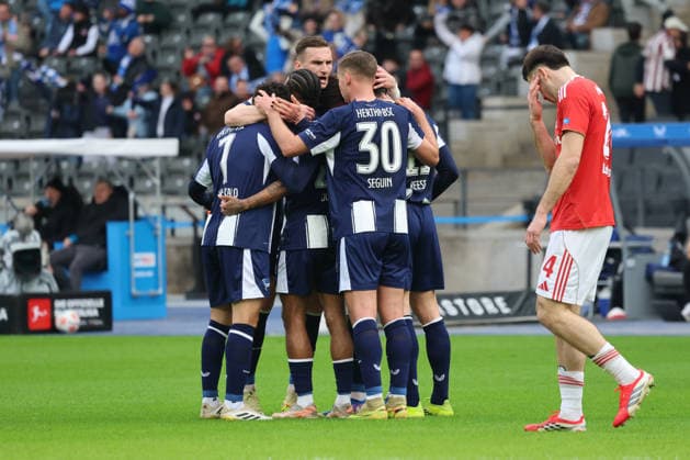 BERLIN, GERMANY - MARCH 1: goal, celebration, cheering. Josip Brekalo (Hertha, 7) celebrates after scoring the 1:0 goal with his teammate Jeremy Dudziak (Hertha, 28), Paul Seguin (Hertha, 30), in the right Luka Lochoshvili (Nürnberg, 24) disappointed, frustration, during the Bundesliga match between Hertha BSC - 1. FC Nürnberg at Olympiastadion on matchday 24 of the 2. Bundesliga on March 1, 2026 in Berlin, Germany. DFL REGULATIONS PROHIBIT ANY USE OF PHOTOGRAPHS AS IMAGE SEQUENCES AND OR QUASI-VIDEO. Berlin Germany Copyright: xO.Frankex
