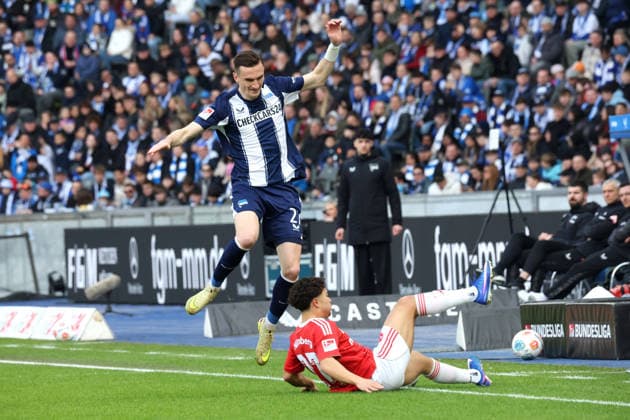 DEU, DFL, 2 FBL, Hertha BSC vs 1 FC Nuernberg, 01 03 2026, Berliner Olympiastadion, Berlin, DEU, DFL, 2 FBL, Hertha BSC vs 1 FC Nuernberg, im Bild Niklas Kolbe Hertha BSC Berlin 27 , JUSTIN VON DER HITZ 1 FC Nuernberg 27 DFL regulations prohibit any use of Photographs as image sequences and or quasi video nordphotoxGmbHx xEngler nph00076