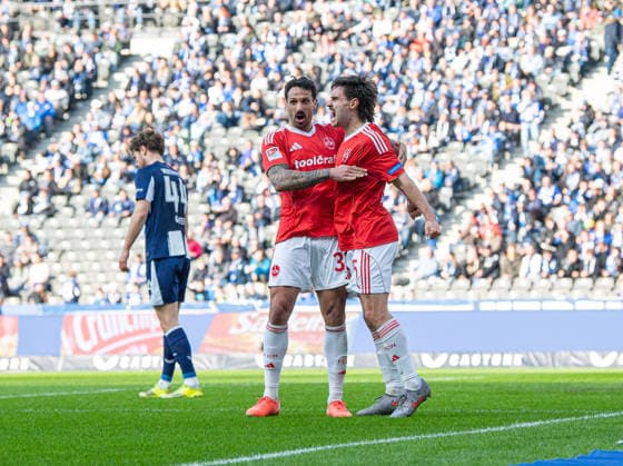 Soccer, Men, Season 2025 2026, 2 Bundesliga 24 Matchday , Hertha BSC 1 FC Nuremberg, v l Adriano Grimaldi Nuremberg , Tom Baack Nuremberg , Cheering after goal to 1 1, 01 03 2026, Copyright: xSebastianxRäppold MatthiasxKochx
