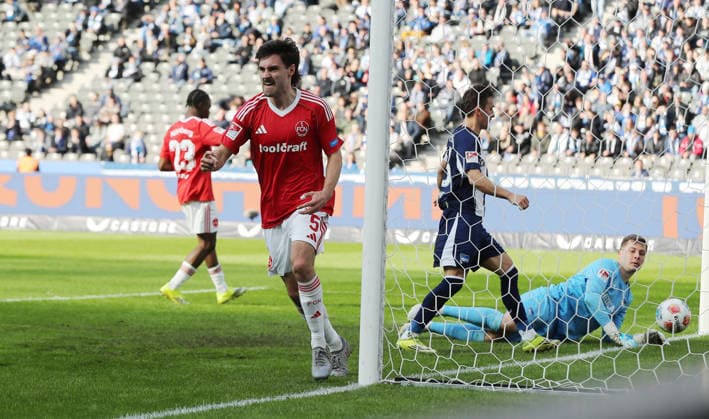 Tom Baack cheers after scoring to equalize 1 1 Joy Emotion Cheering Sport Soccer Football DFL 2 Bundesliga Men 24 Matchday Season 2025 2026 01 03 2026 Hertha BSC Berlin vs 1 FC Nürnberg FCN DFL regulations prohibit any use of photographs as image sequences and or quasi video