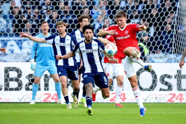 DEU, DFL, 2 FBL, Hertha BSC vs 1 FC Nuernberg, 01 03 2026, Berliner Olympiastadion, Berlin, DEU, DFL, 2 FBL, Hertha BSC vs 1 FC Nuernberg, im Bild Kevin Sessa Hertha BSC Berlin 8 , FINN BECKER 1 FC Nuernberg 25 DFL regulations prohibit any use of Photographs as image sequences and or quasi video nordphotoxGmbHx xEngler nph00076