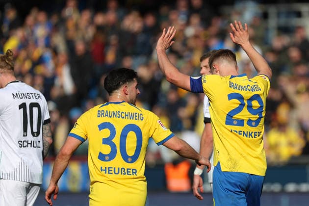 Braunschweig vs Münster, 2 BL Braunschweig, 01 03 2026, Football, Men, 2 BL, Season 2025 2026, Eintracht Braunschweig vs SC Preußen Münster Lukas Frenkert Eintracht Braunschweig cheers with teammates after his goal for 1 0 DFL DFB REGULATIONS PROHIBIT ANY USE OF PHOTOGRAPHS as IMAGE SEQUENCES and or QUASI VIDEO Stadion an der Hamburger Straße Niedersachsen Germany