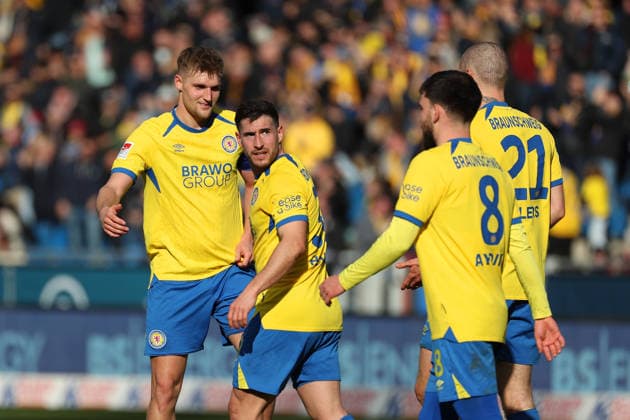 Braunschweig vs Münster, 2 BL Braunschweig, 01 03 2026, Football, Men, 2 BL, Season 2025 2026, Eintracht Braunschweig vs SC Preußen Münster Lukas Frenkert Eintracht Braunschweig cheers with teammates after his goal for 1 0 DFL DFB REGULATIONS PROHIBIT ANY USE OF PHOTOGRAPHS as IMAGE SEQUENCES and or QUASI VIDEO Stadion an der Hamburger Straße Niedersachsen Germany