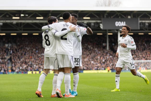 Harry Wilson of Fulham, Kenny Tete of Fulham, Ryan Sessegnon of Fulham Oscar Bob of Fulham goal celebration during the Premier League match between Fulham and Tottenham Hotspur at Craven Cottage on March 1, 2026 in London, England. (Photo by Pedro Soares SPP) Copyright: xPedroxSoaresx xSPPx Sportspressphoto_SPR99106