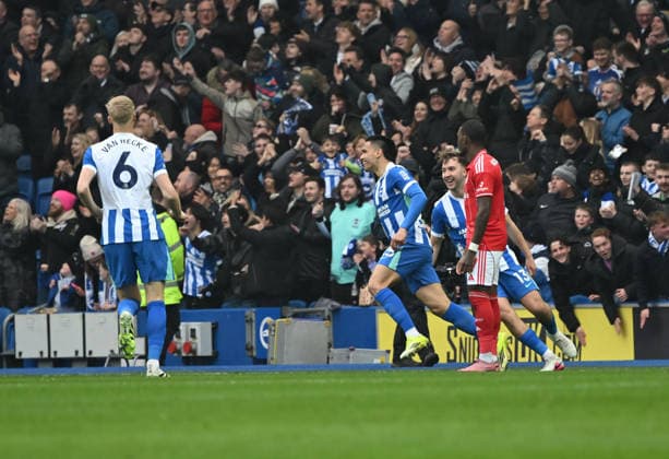 Diego Gomez of Brighton celebrates after scoring the opener during the Premier League match between Brighton and Hove Albion and Nottingham Forest at the American Express Stadium, Brighton UK - Sunday 1st March 2026 Brighton v Nottingham Forest Premier League Football, Amex Stadium, Sussex, UK - 01 Mar 2026Brighton Amex Stadium Sussex United Kingdom Editorial use only. No merchandising. For Football images FA and Premier League restrictions apply inc. no internet mobile usage without FAPL license - for details contact Football Dataco  Copyright: xLizxFinlayson TPI Shutterstockx 16718466s