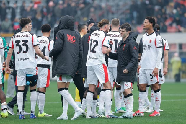 1st March 2026; Stadio Giovanni Zini, Cremona, Lombardy, Italy, Serie A Football, Cremonese versus AC Milan; AC Milan s players celebrate their victory at the end of the match  EmanuelexPennacchio Content restricted for UK based newspaper