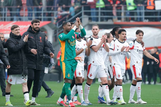 1st March 2026; Stadio Giovanni Zini, Cremona, Lombardy, Italy, Serie A Football, Cremonese versus AC Milan; AC Milan s players celebrate their victory at the end of the match  EmanuelexPennacchio Content restricted for UK based newspaper