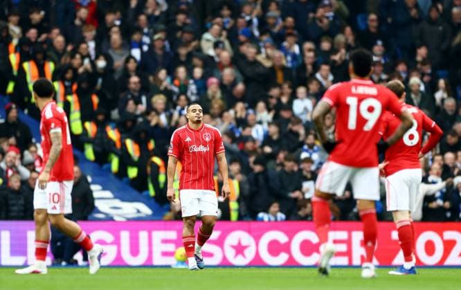 Murillo of Nottingham Forest and team mates look dejected after conceding a goal. Brighton and Hove Albion v Nottingham Forest, Premier League, Football, American Express Community Stadium, Brighton, UK - 01 Mar 2026Brighton American Express Community Stadi United Kingdom EDITORIAL USE ONLY No use with unauthorised audio, video, data, fixture lists, club league logos or live services. Online in-match use limited to 120 images, no video emulation. No use in betting, games or single club league player publications. Copyright: xJamesxMarsh Shutterstockx 16708839af