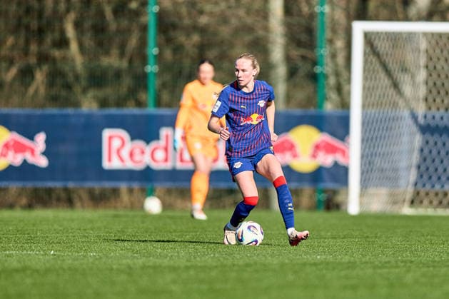 01 03 2026, GER, womens soccer, test match, 2025 2026, RB Leipzig FC Ingolstadt Nikoline Dudek 24, RB Leipzig , free pose, action, with ball Leipzig training center of the Red Bull Saxony Germany