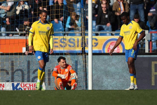 Braunschweig vs Münster, 2 BL Braunschweig, 01 03 2026, Football, Men, 2 BL, Season 2025 2026, Eintracht Braunschweig vs SC Preußen Münster Goalkeeper Elhan Kastrati Eintracht Braunschweig after the goal to 1 2, Sidi SanÃ Eintracht Braunschweig , Patrick Nkoa Eintracht Braunschweig DFL DFB REGULATIONS PROHIBIT ANY USE OF PHOTOGRAPHS as IMAGE SEQUENCES and or QUASI VIDEO Stadion an der Hamburger Straße Niedersachsen Germany