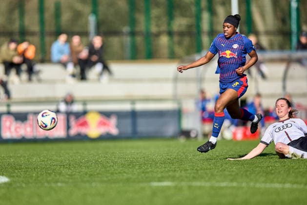 01 03 2026, GER, womens soccer, test match, 2025 2026, RB Leipzig FC Ingolstadt Persis Oteng 9, RB Leipzig , free position, in the jump, chases ball to Leipzig training center of the Red Bull Saxony Germany