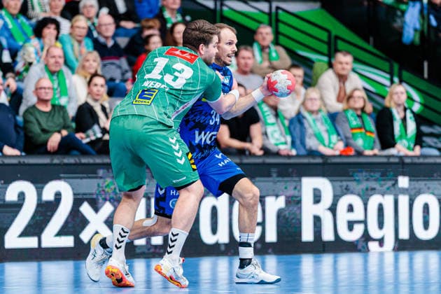 v l Ian Weber GWD Minden, 13 , Kai Haefner TVB Stuttgart, 34 GER, GWD Minden vs TVB Stuttgart, Handball, 1 Bundesliga, Matchday 23, Season 2025 2026, 01 03 2026 GER, GWD Minden vs TVB Stuttgart, Handball, 1 Bundesliga, Matchday 23, Season 2025 2026, 01 03 2026 Minden Copyright: xEibner-Pressefoto JanxRollingerx EP_JSK