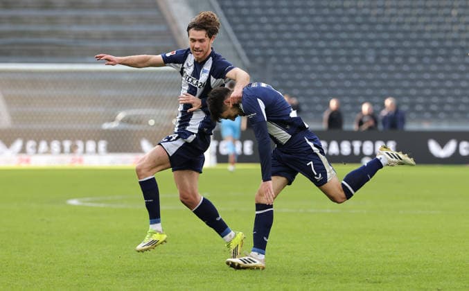 Josip Brekalo cheers after 2 1 with Linus Gechter joy emotion jubilation sport soccer soccer DFL 2 Bundesliga men 24 matchday season 2025 2026 01 03 2026 Hertha BSC Berlin vs 1 FC Nürnberg FCN DFL regulations prohibit any use of photographs as image sequences and or quasi video