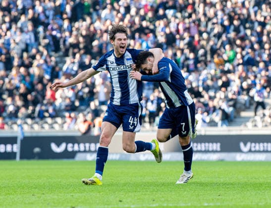 Soccer, Men, Season 2025 2026, 2 Bundesliga 24 Matchday , Hertha BSC 1 FC Nürnberg, f l Linus Gechter Hertha BSC , Josip Brekalo Hertha BSC , Celebration after goal to 2 1, 01 03 2026, Copyright: xSebastianxRäppold MatthiasxKochx