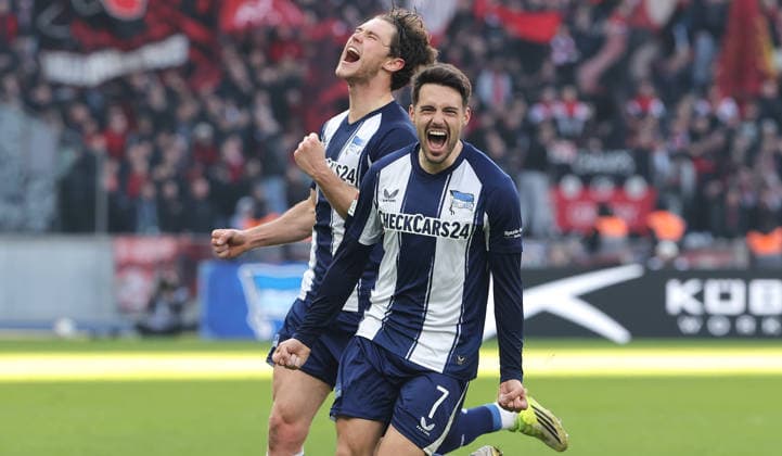 Josip Brekalo cheers after 2 1 with Linus Gechter joy emotion jubilation sport soccer soccer DFL 2 Bundesliga men 24 matchday season 2025 2026 01 03 2026 Hertha BSC Berlin vs 1 FC Nürnberg FCN DFL regulations prohibit any use of photographs as image sequences and or quasi video