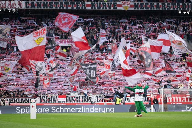 VfB Stuttgart Fans, Fankurve Fritzle VfB Stuttgart, Mascot Mood, Flags GER, VfB Stuttgart vs VfL Wolfsburg, Football, Men, 1 Bundesliga, 24 Matchday, Season 2025 2026, 01 03 2026, DFL DFB REGULATES PROHIBIT ANY USE OF PHOTOGRAPHS AS IMAGE SEQUENCES AND OR QUASI VIDEO, GER, VfB Stuttgart vs VfL Wolfsburg, Football, Men, 1 Bundesliga, 24 Matchday, Season 2025 2026, 01 03 2026 Stuttgart Copyright: xEibner-Pressefoto WolfgangxFrankx EP_WFK