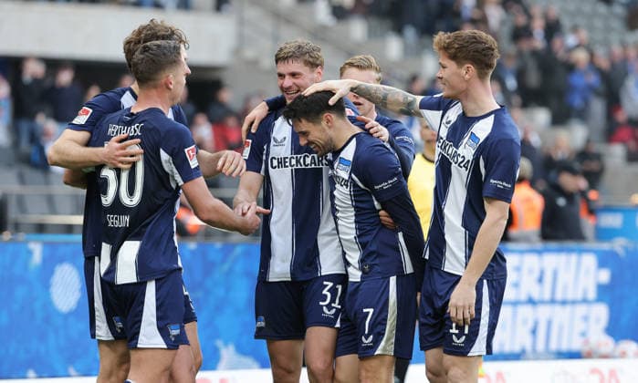 Josip Brekalo celebrates after 2 1 with teammates Joy Emotion Cheering Sport Soccer Football DFL 2 Bundesliga Men 24 Matchday Season 2025 2026 01 03 2026 Hertha BSC Berlin vs 1 FC Nürnberg FCN DFL regulations prohibit any use of photographs as image sequences and or quasi video