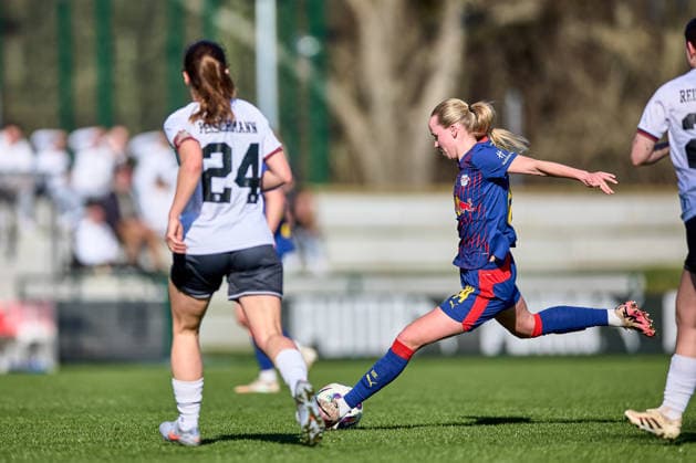 01 03 2026, GER, Womens soccer, Test match, 2025 2026, RB Leipzig FC Ingolstadt Nikoline Dudek 24, RB Leipzig , free position, action, with ball, in shot Leipzig training center of the Red Bull Saxony Germany