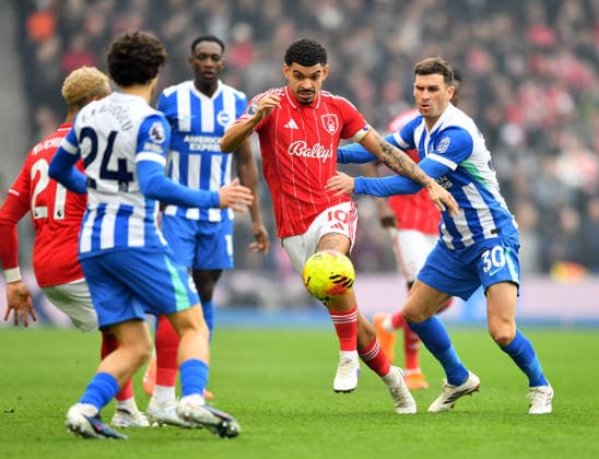 Brighton and Hove Albion v Nottingham Forest, Premier League, Football, Amex Stadium, Brighton, UK - 01 Mar 2026 Morgan Gibbs-White of Nottingham Forest takes on James Milner of Brighton & Hove Albion. Brighton Amex Stadium Brighton UK, UK NEWSPAPERS OUT Copyright: xMarkxEnfieldx